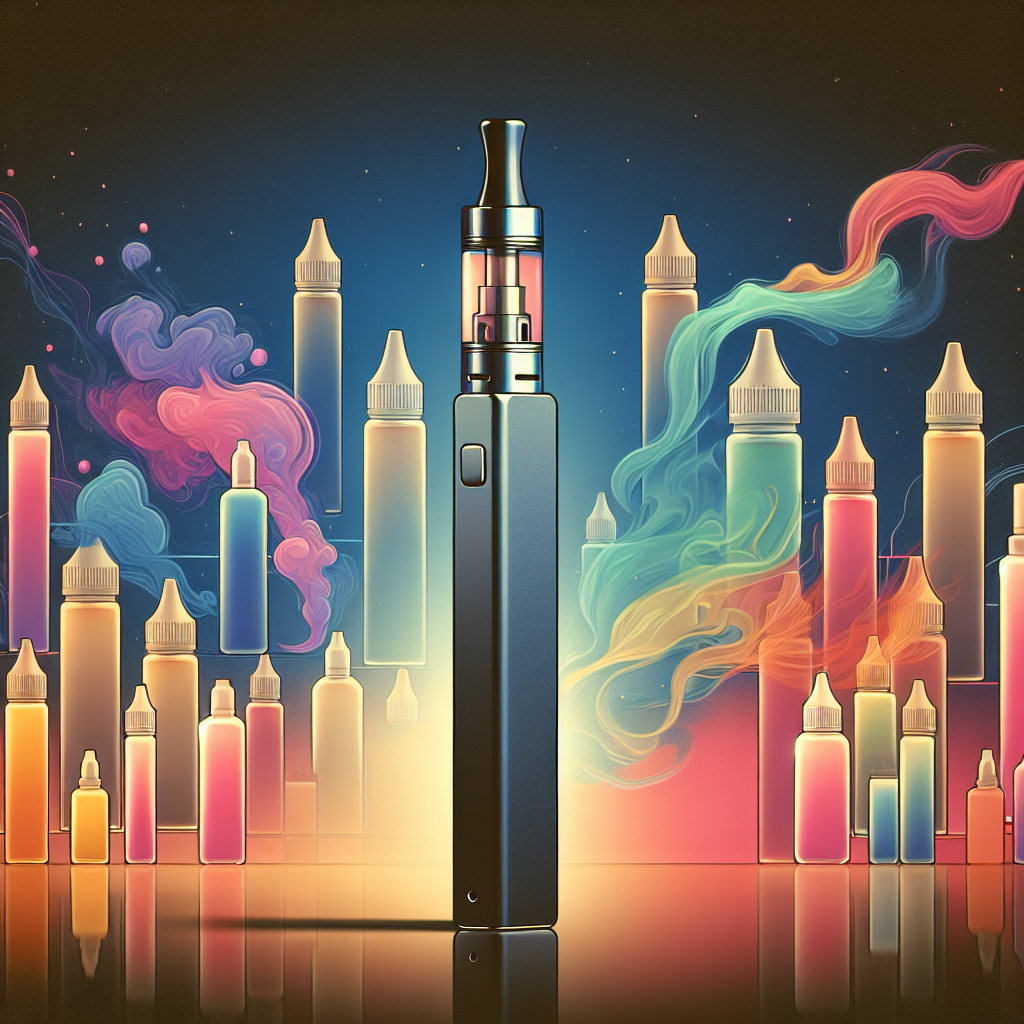Ілюстрація вейпа з кольоровими флаконами рідини на м'якому фоні, символізує сучасні тенденції вейпінгу в 2025 році.