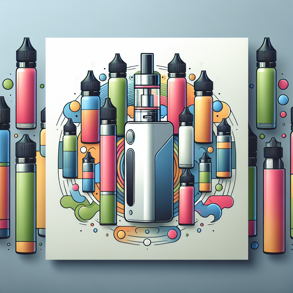Солева рідина для вейпів у яскравих флаконах та вейп-пристрій на фоні з легким димком