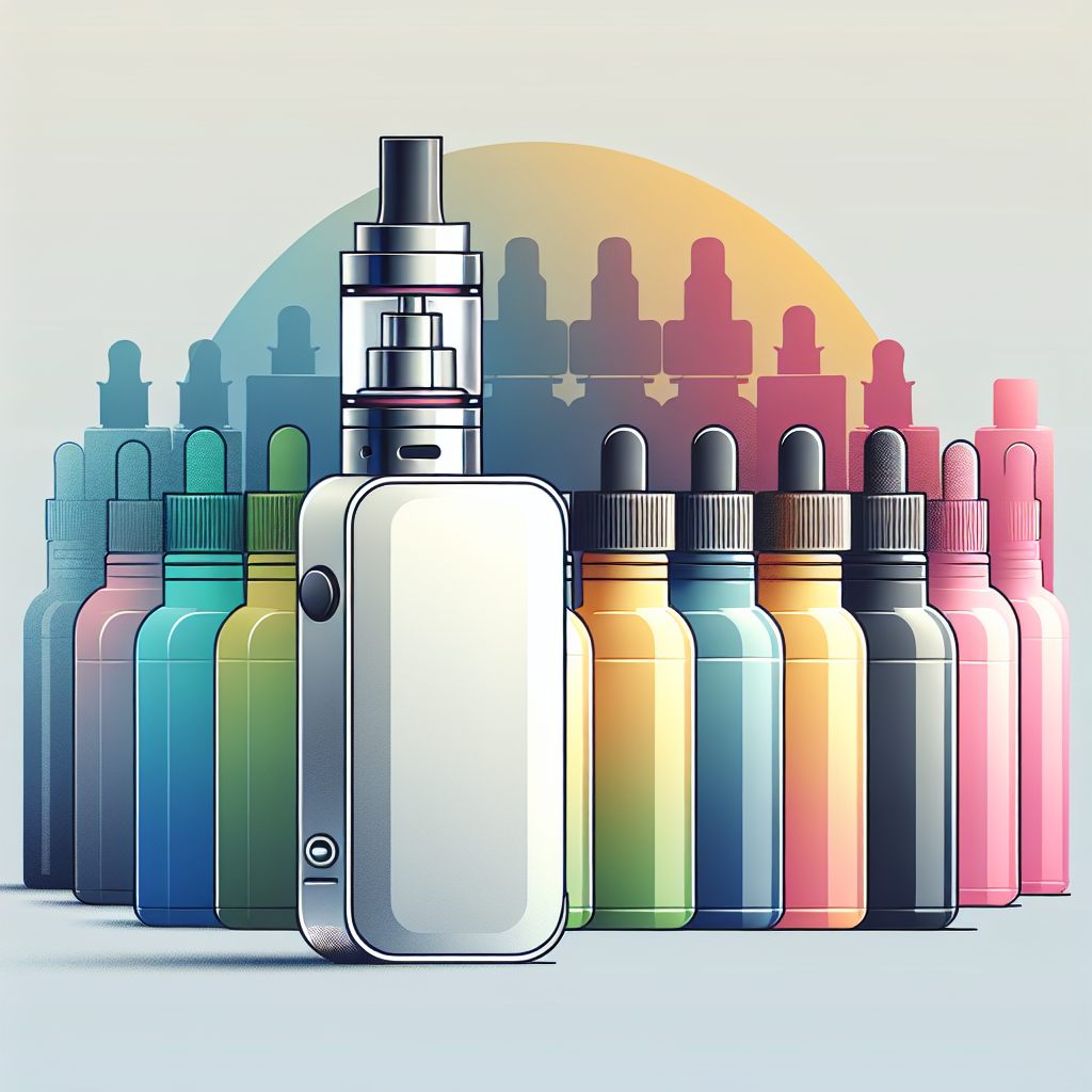 Сучасний пристрій для вейпінгу з кольоровими пляшками рідин на м'якому фоні