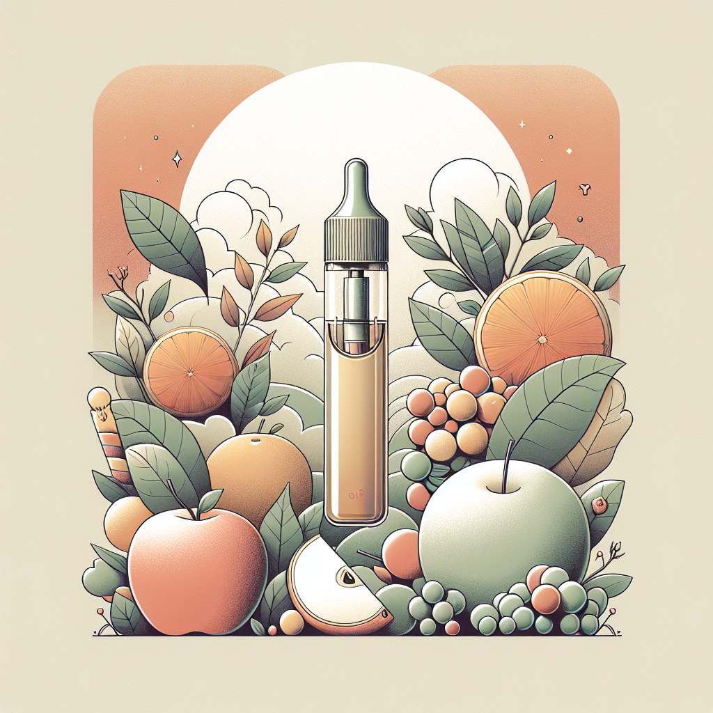 Вейп под з органічною рідиною, натуральні інгредієнти та фрукти на фоні