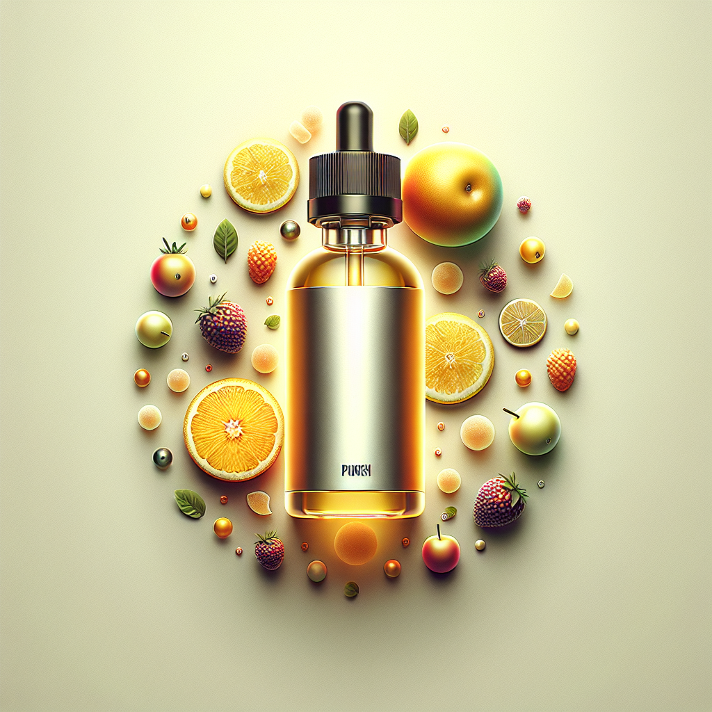 Яскрава пляшка рідини для вейпінгу Punch на розмитому фоні з фруктами, що підкреслює свіжість смаку.