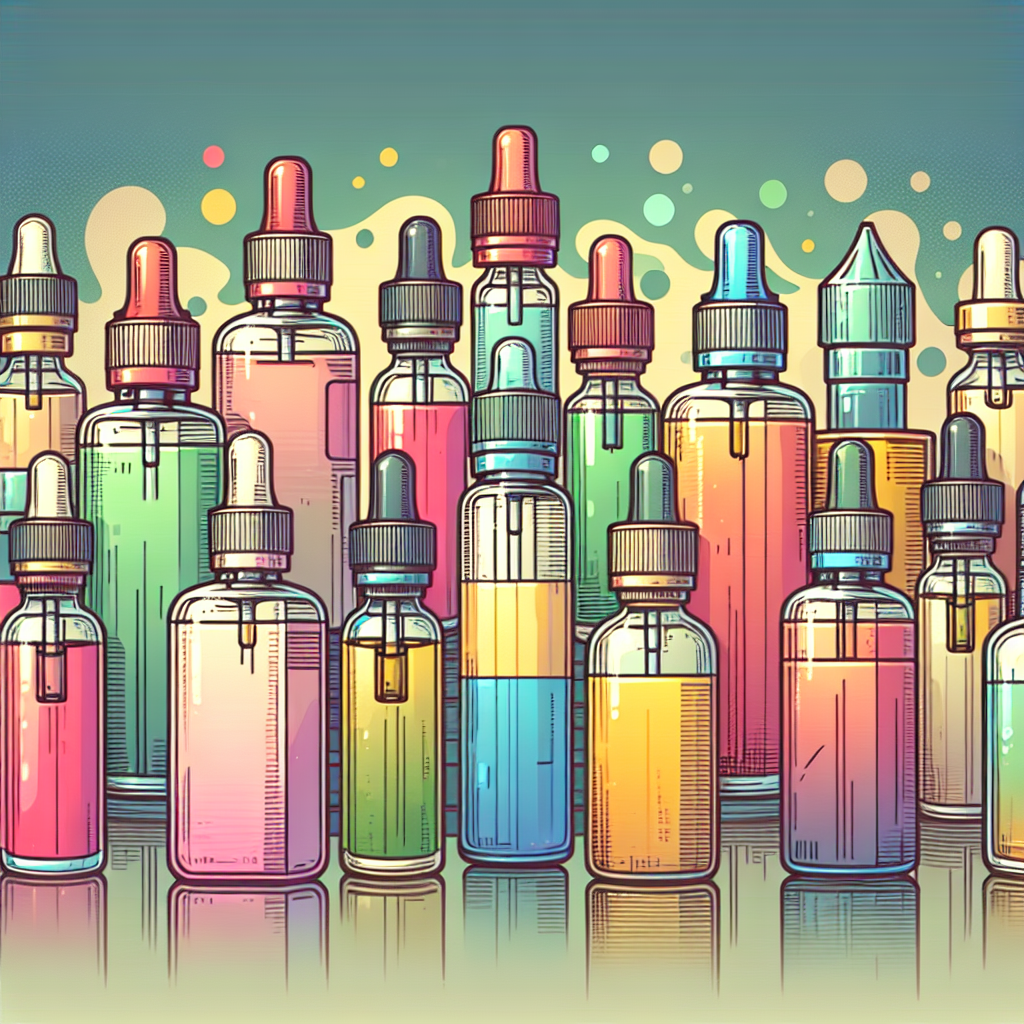 Яскраві рідини для вейпів у пляшках з різноманітними смаками на м'якому фоні