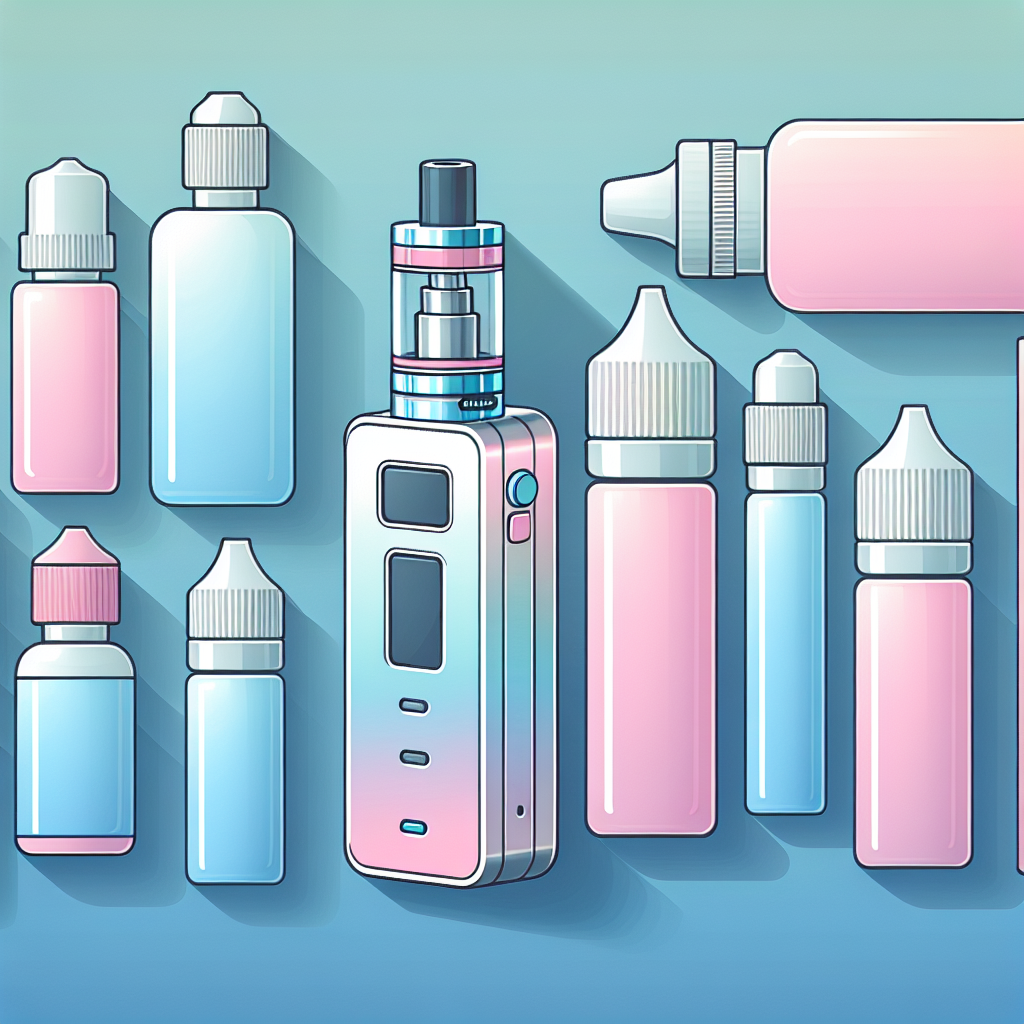 Ілюстрація вейп-пристрою з різнокольоровими рідинами для вейпа на м'якому пастельному фоні.