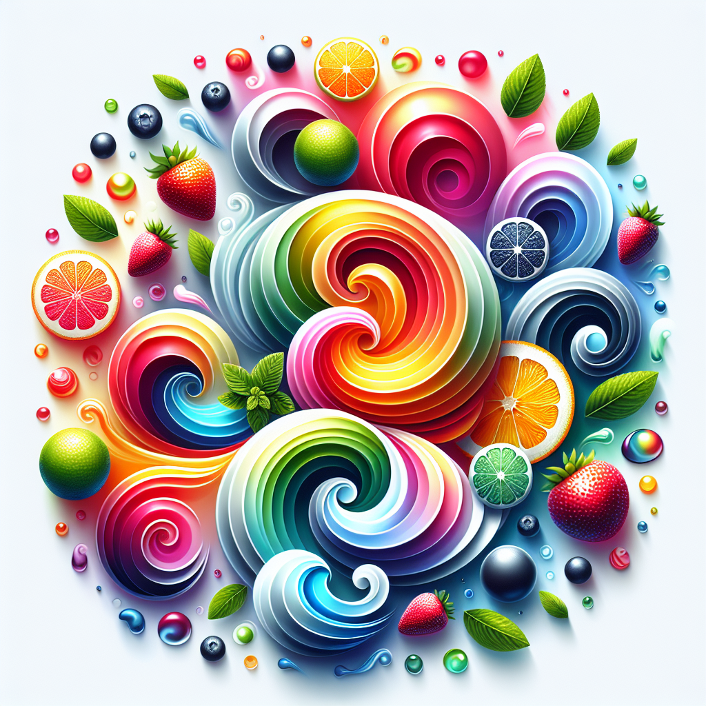 Абстрактне зображення різноманітних смаків вейп-жидкостей з фруктовими відтінками на білому фоні.