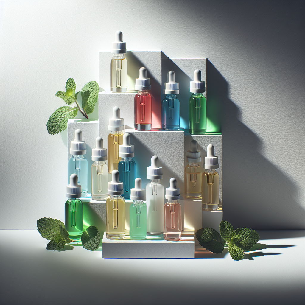 Живі кольорові флакони рідин для вейпів з м'ятними листками на білому фоні