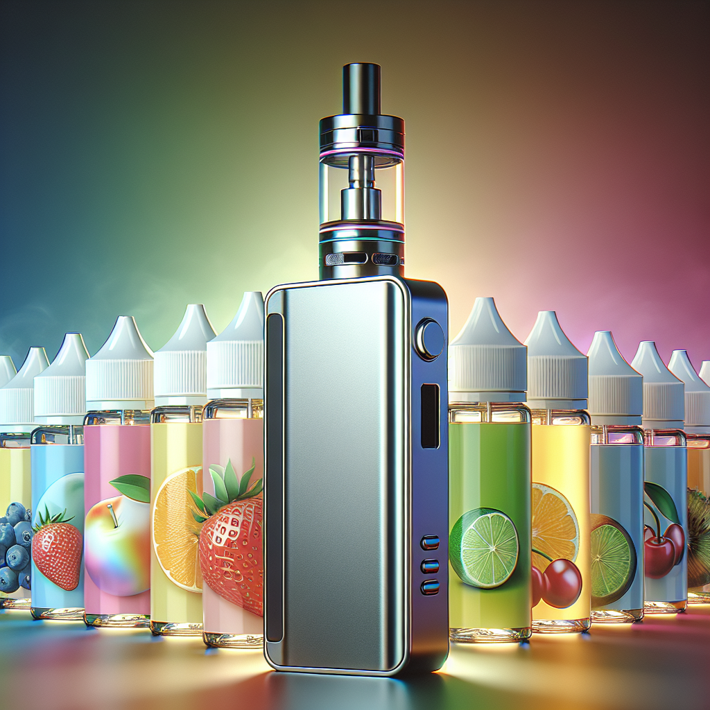 Сучасний вейп-пристрій серед різнокольорових флаконів з рідиною для вейпу з фруктовими смаками.