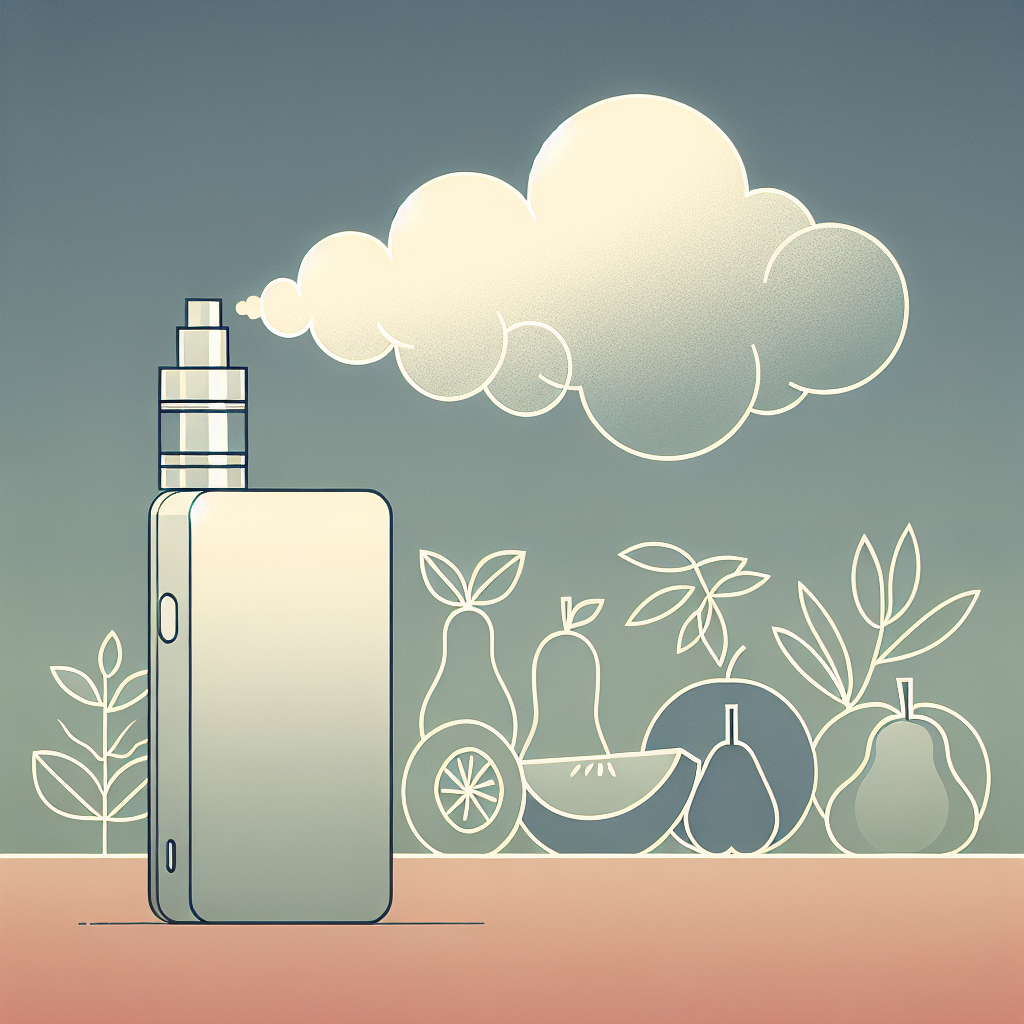 Мінімалістична сцена з вейпом: облако пару і вейперський пристрій на фоні фруктових смаків.
