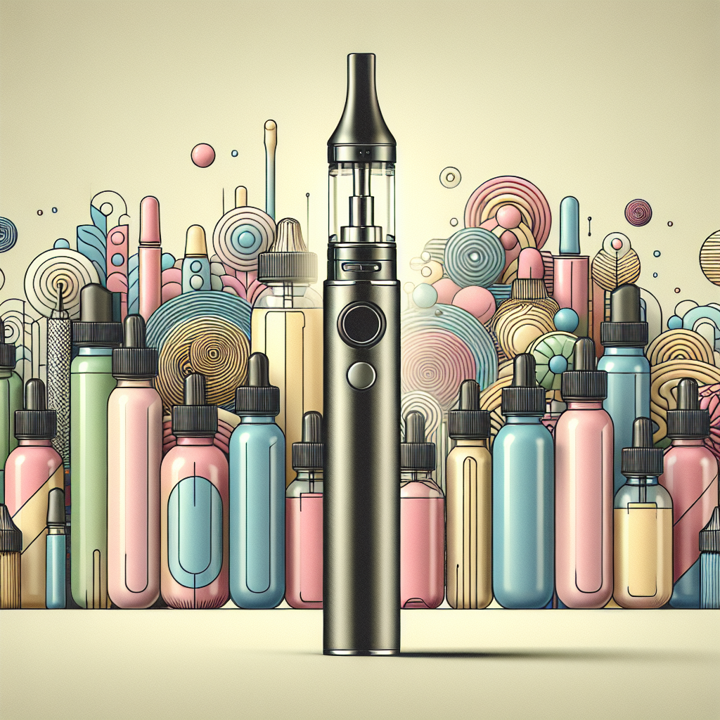 Сучасний вейп з рідиною на солевому никотині на фоні кольорових флаконів, що символізує вейпінг культуру.
