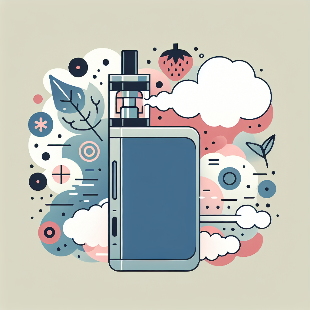 Ілюстрація сучасного вейпу з хмарами пару та абстрактними кольоровими символами смаків рідин для вейпа.