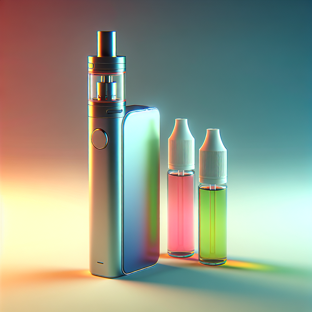 Сучасний вейп-пристрій з різнокольоровою рідиною на м'якому фоні, символізує світ вейпінгу та новинки рідин для електронних сигарет.