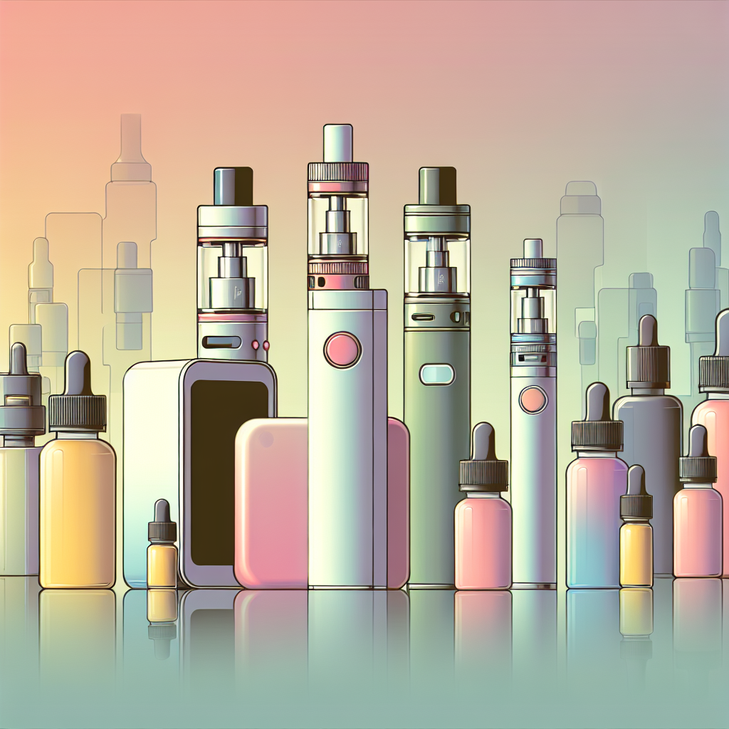Мінімалістичне зображення вейпів з кольоровими флаконами солевої рідини на м'якому пастельному фоні для статті про вибір магазинів вейп-дизайну.