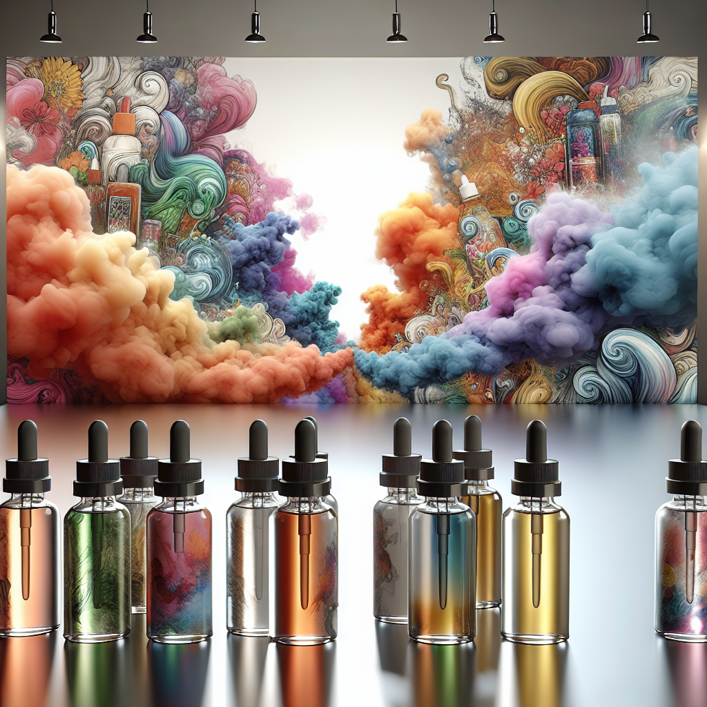 Бутилки солевої рідини для вейпінгу з кольоровими етикетками на фоні диму