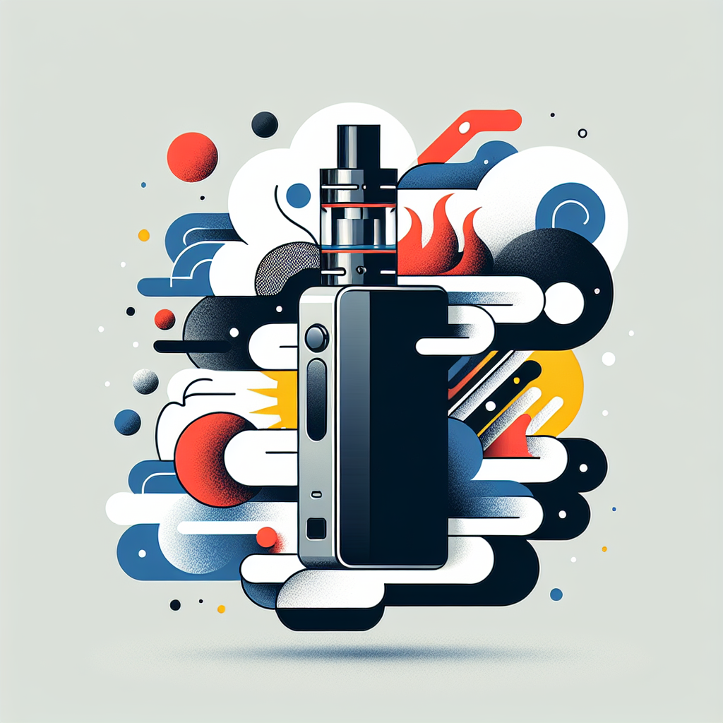 Ілюстрація вейп-пристрою з хмарами пару, що символізують різні смаки рідин для вейпінгу.