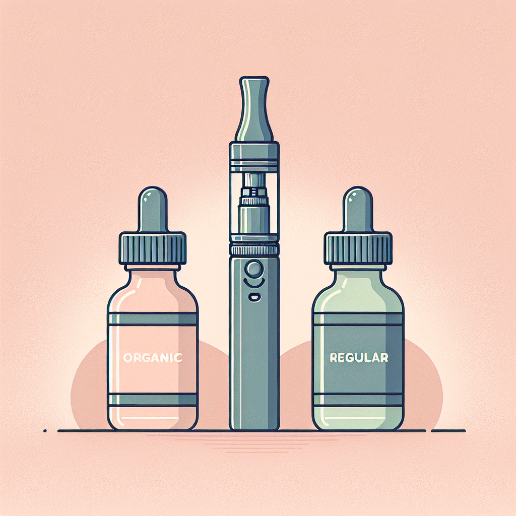 ілюстрація вейп-ручки з двома пляшками рідини: органічною та звичайною, пастельні кольори