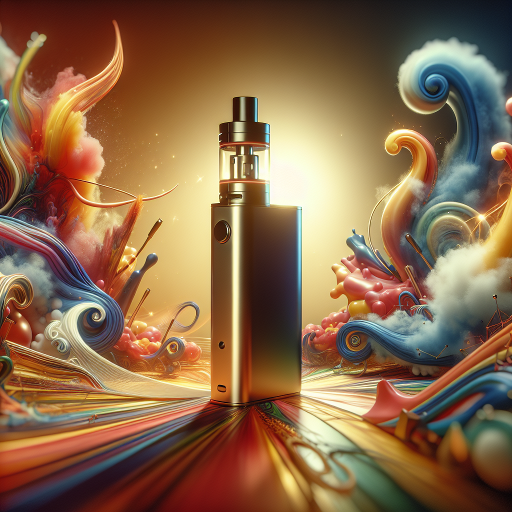 Абстрактне зображення популярних смаків рідин для вейпів 2025 року з под-системою на передньому плані.