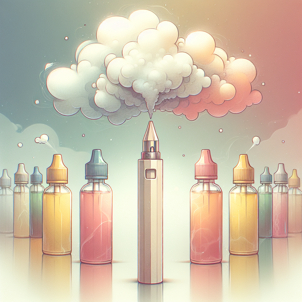 Екологічна рідина для вейпів, легкі хмари пару та елегантний вейп у кольорових флаконах на світлому фоні.