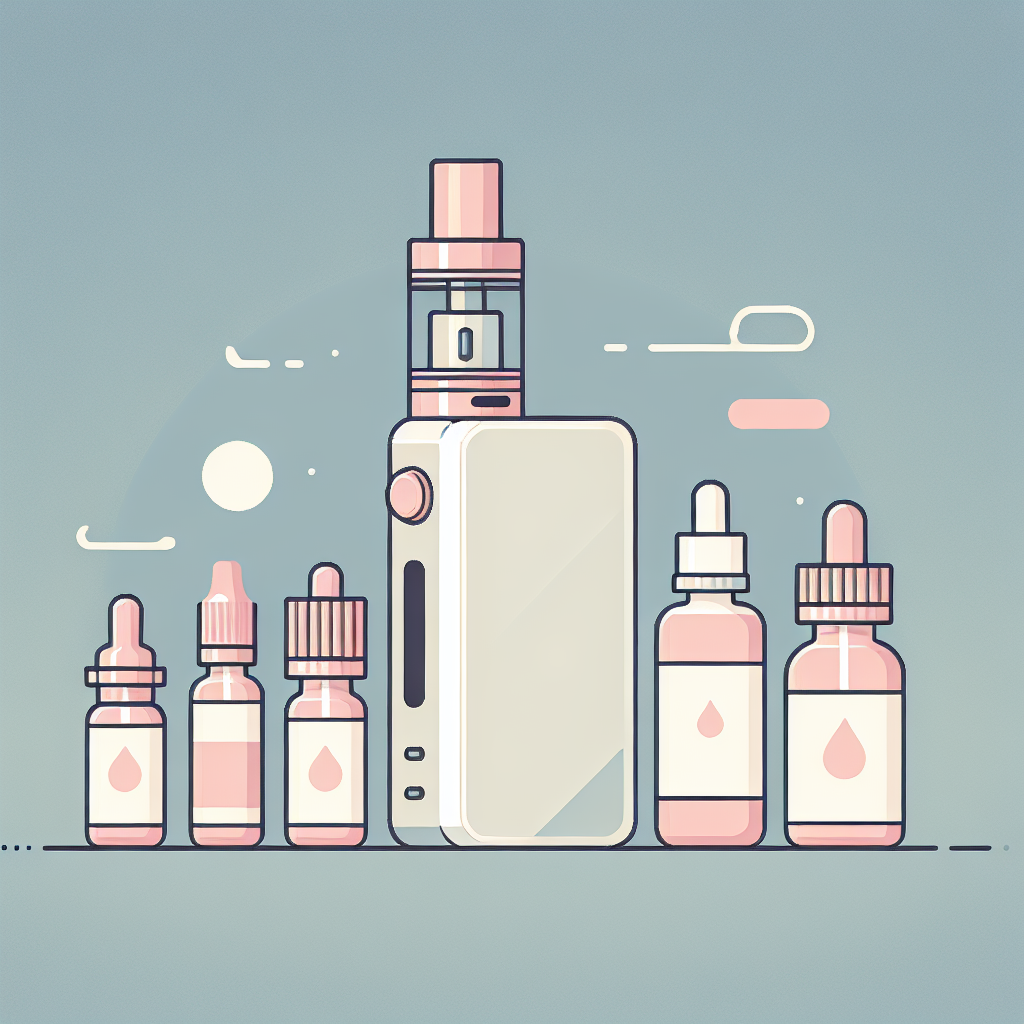 Ілюстрація вейп-пристрою та пляшок безникотинової рідини для вейпінгу на м'якому фоні