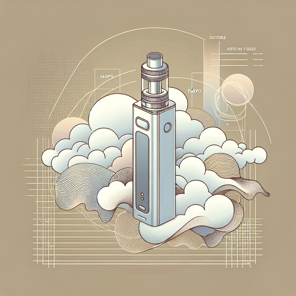 сучасний вейп-пристрій з димом та елементами нікотинових рідин, символізує різноманітність смаків та концентрацій нікотину