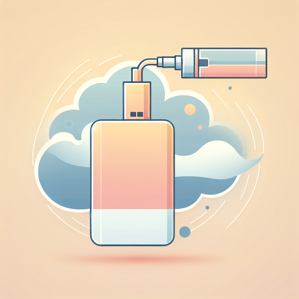 Ілюстрація вейпа з плавною рідиною, що символізує різноманітні фруктові смаки та м'який димок, створена в пастельних кольорах для відображення приємного досвіду вейпінгу.