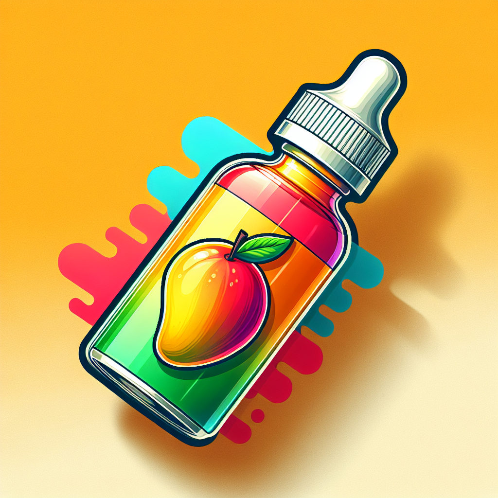 Яскрава пляшка рідини для вейпа зі смаком манго на мінімалістичному фоні