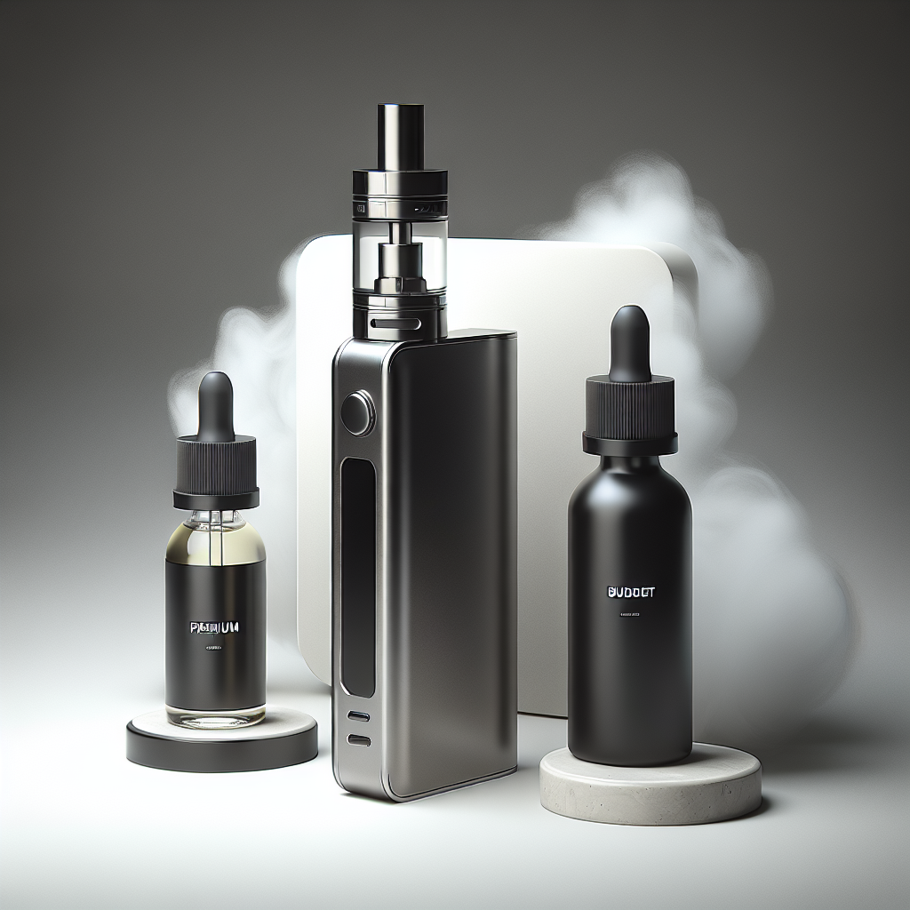 Мінімалістичний зображення вейп-пристрою з двома пляшками рідин, що демонструють переваги преміум та бюджетних солевих жиж для вейпінгу.
